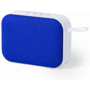 A portable speaker featuring a blue fabric cover and a white body. It includes control buttons on the top.