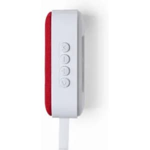 A red and white portable speaker with control buttons on one side and a hanging strap for easy portability.