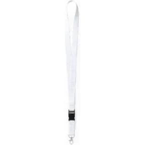 A lanyard in white with a black clasp and attachment, suitable for holding badges or keys. It features branding.