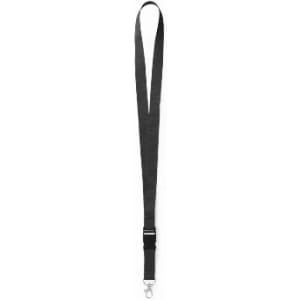 A lanyard in black with a clip for attachment. Features a smooth, flat design.