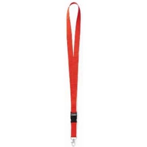 A red lanyard with a clip at the end and a breakaway feature for safety. It includes a logo.
