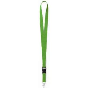 A green lanyard with a clip and adjustable buckle, featuring a simple design.