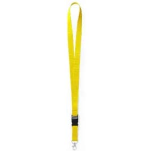 A yellow lanyard featuring a clip for attachment and a buckle for secure fastening.