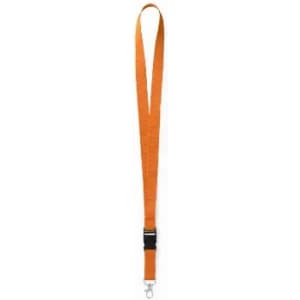 An orange lanyard with a clip and a buckle for securing items. It features a simple design and is adjustable.