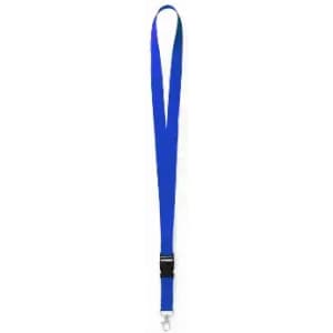 A lanyard in vibrant blue, featuring a clip for attaching items. It has a simple, sleek design.