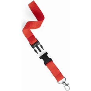 A red lanyard with a clip and buckle, featuring a sturdy strap design. It has a logo visible on the strap.