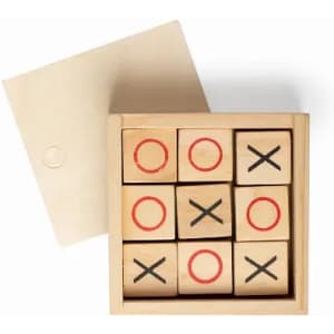 A wooden tic-tac-toe game set with red circles and black crosses, housed in a square box with a lid.