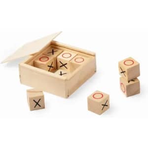 A wooden box containing cubes with red circles and black crosses, with some cubes placed outside the box.