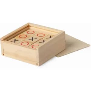 A wooden tic-tac-toe game set featuring red circles and black crosses, contained in a square box.