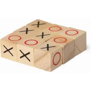 A wooden tic-tac-toe game with red circles and black crosses on square blocks, arranged on a surface.