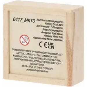 A wooden box with a smooth finish, featuring safety warnings and a logo on one side.