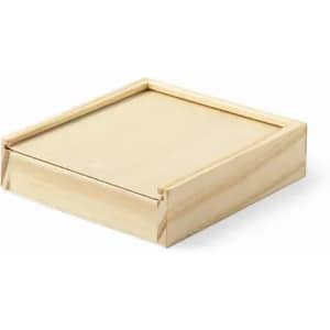 A wooden box with a square shape and a natural finish, featuring a sliding lid. It has no visible branding.