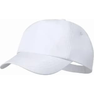 A white cap with a curved brim and an adjustable strap at the back, featuring a small logo.