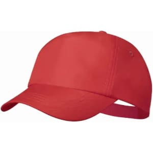A red cap with a curved brim and adjustable strap at the back, featuring a branding logo.