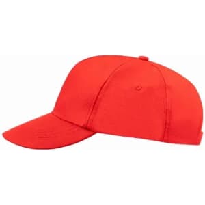A red baseball cap with a curved brim and a structured crown. It features a logo on the side.