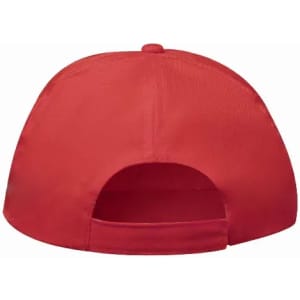 A red cap with a curved brim and an adjustable strap at the back. Features a logo on the side.