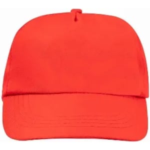 A red cap with a flat brim and a structured design, featuring a small top button and stitched details.