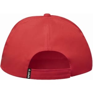 A red cap featuring a flat brim and an adjustable strap at the back, with a branding tag.