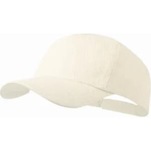 A cream-coloured cap with a curved peak and an adjustable strap at the back. It features a logo.