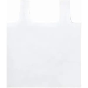 A white reusable shopping bag with two handle straps and a simple design. It features a branding logo.
