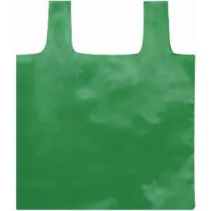 A green shopping tote bag with two handles and a smooth, glossy finish. Features a branding logo.