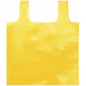 A yellow reusable shopping bag with two handles and a simple design. Features a logo on one side.