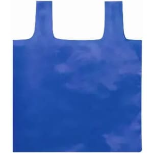 A blue tote bag with two handles and a smooth, solid colour. It features a logo at the front.
