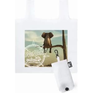 A white tote bag featuring an illustration of an elephant and an attached pouch for storage.