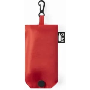 A red pouch with a hook, featuring a black tag and a rounded bottom for easy storage or transport.