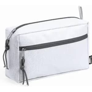 A storage pouch in light grey with a zippered compartment and drawstring pulls. Features a branded tag.