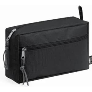 A black cosmetic pouch with a zip closure and two zipper pulls, featuring a rectangular design.