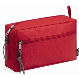 A red zippered pouch with a rectangular shape and a loop handle on top. It features two zipper compartments.
