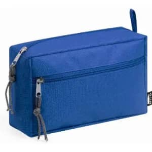 A blue rectangular storage pouch with a zipped front pocket and two zip pulls.
