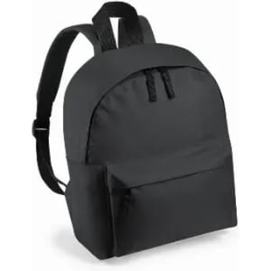 A black backpack featuring a rounded shape and front zippered pocket. It has two adjustable straps on the back.