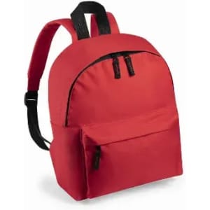 A red backpack featuring a main compartment with zippers and a front pocket. It has adjustable black straps.