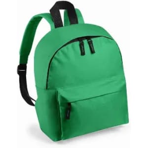 A green backpack with a large main compartment and a front pocket, featuring black straps and zippers.