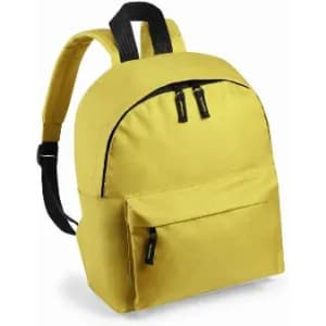 A yellow backpack with a front pocket and black straps, featuring a simple design and zippers.