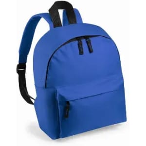 A blue backpack with a rounded design and multiple zippered compartments. It features black adjustable straps.