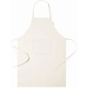 A cream-coloured apron with a front pocket and adjustable ties. The apron features a logo in one corner.