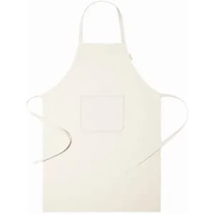 A cream-coloured apron featuring a front pocket and long ties for fastening. It has a simple, plain design.