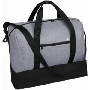 A grey duffel bag with black accents, featuring double handles and a front zip pocket.