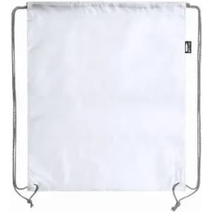A drawstring bag in white with grey cords, featuring a small logo.