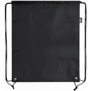 A drawstring bag in solid black with adjustable cords and metal eyelets. Includes a branding logo.