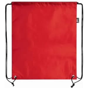 A red drawstring bag with black cords, featuring a tag on one side.