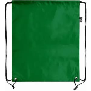 A drawstring bag in a vibrant green colour, featuring black cords and metal eyelets.