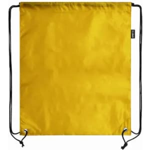A drawstring bag in bright yellow with black cords and a branding label.