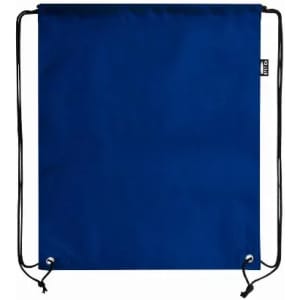 A blue drawstring bag with black cord handles and eyelet accents. Features a simple design with a logo.