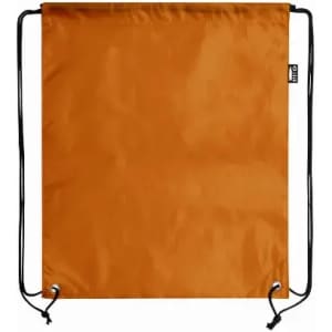 A drawstring bag in a vibrant orange colour, featuring black cords for closure and carrying.