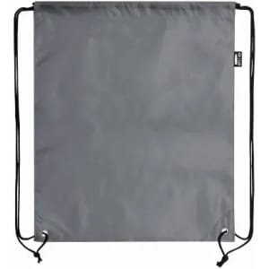 A grey drawstring bag with black cords, featuring a minimalist design and logo.