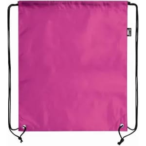 A drawstring bag in vibrant pink with black cords for closure, featuring a branded logo.